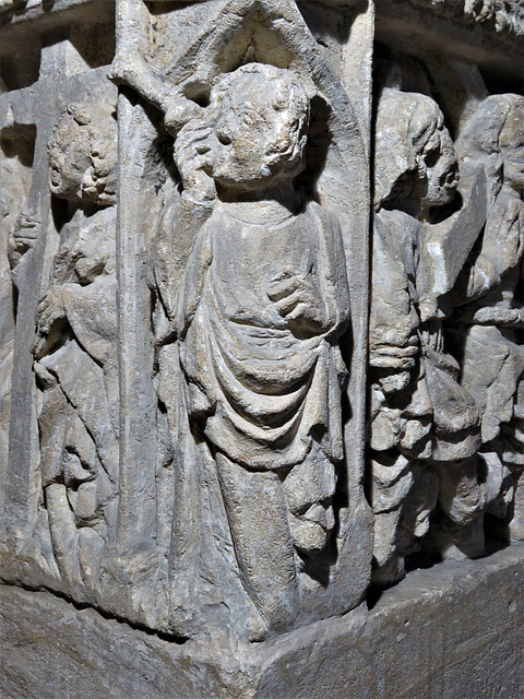 shilton church, oxon (14) c14 figure blowing last trump on the font