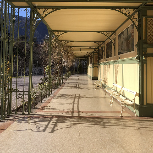 Benches in the sun along the Promenade.