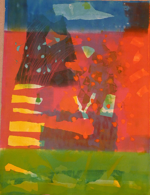 Yellow Steps, Red Sparks. Monoprint on paper. 89H x68cm