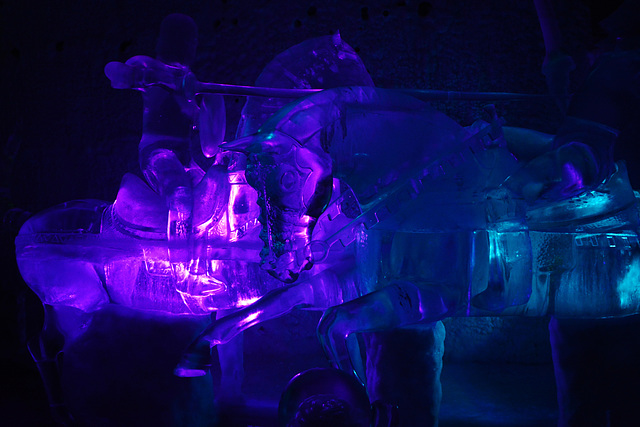 Alaska, Ice Sculptures of Riders in Ice Museum of Chena Hot Springs Aurora