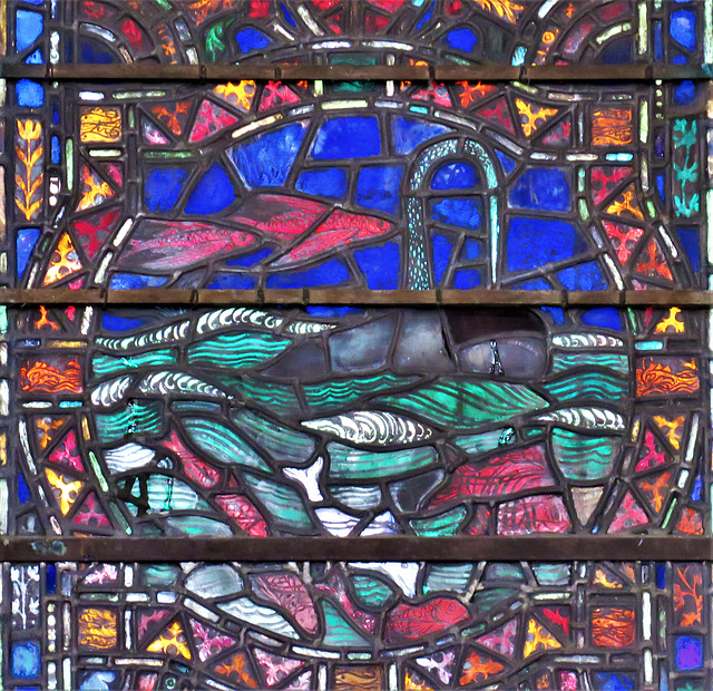 rye church, sussex, detail of c20 benson glass in the south transept by powell's 1928