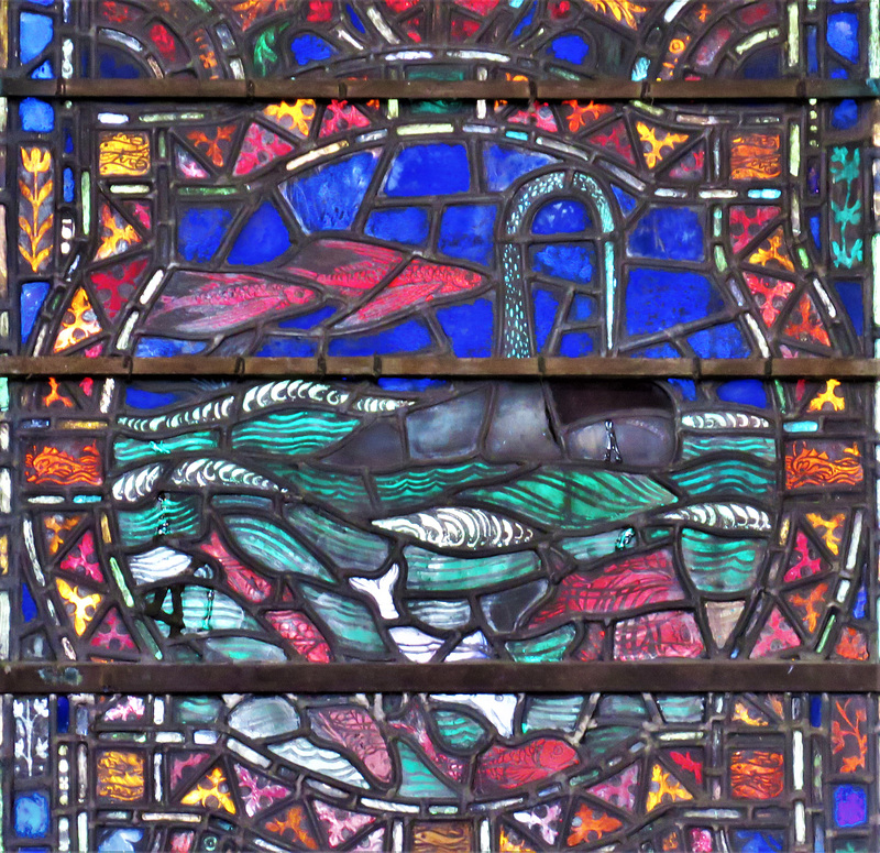 rye church, sussex, detail of c20 benson glass in the south transept by powell's 1928