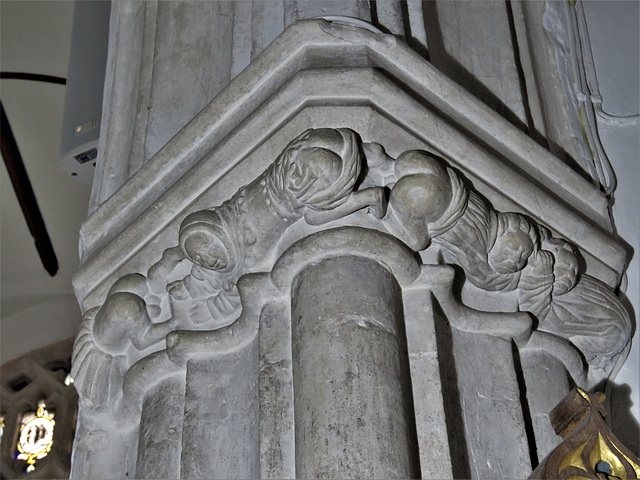 offwell church, devon , c15 capital with bums (2)