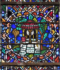 rye church, sussex, detail of c20 benson glass in the south transept by powell's 1928