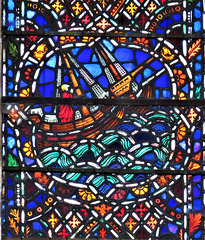 rye church, sussex, detail of c20 benson glass in the south transept by powell's 1928