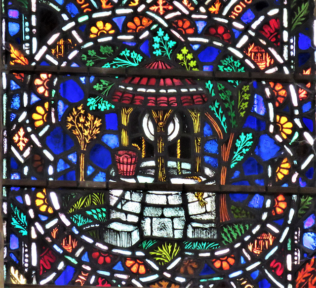 rye church, sussex, detail of c20 benson glass in the south transept by powell's 1928