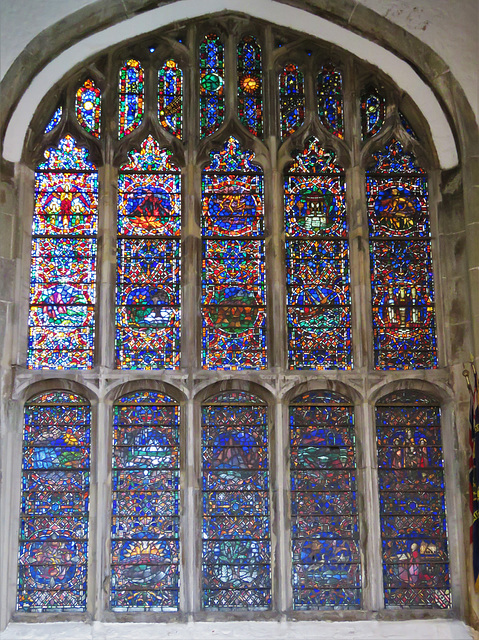 rye church, sussex, detail of c20 benson glass in the south transept by powell's 1928