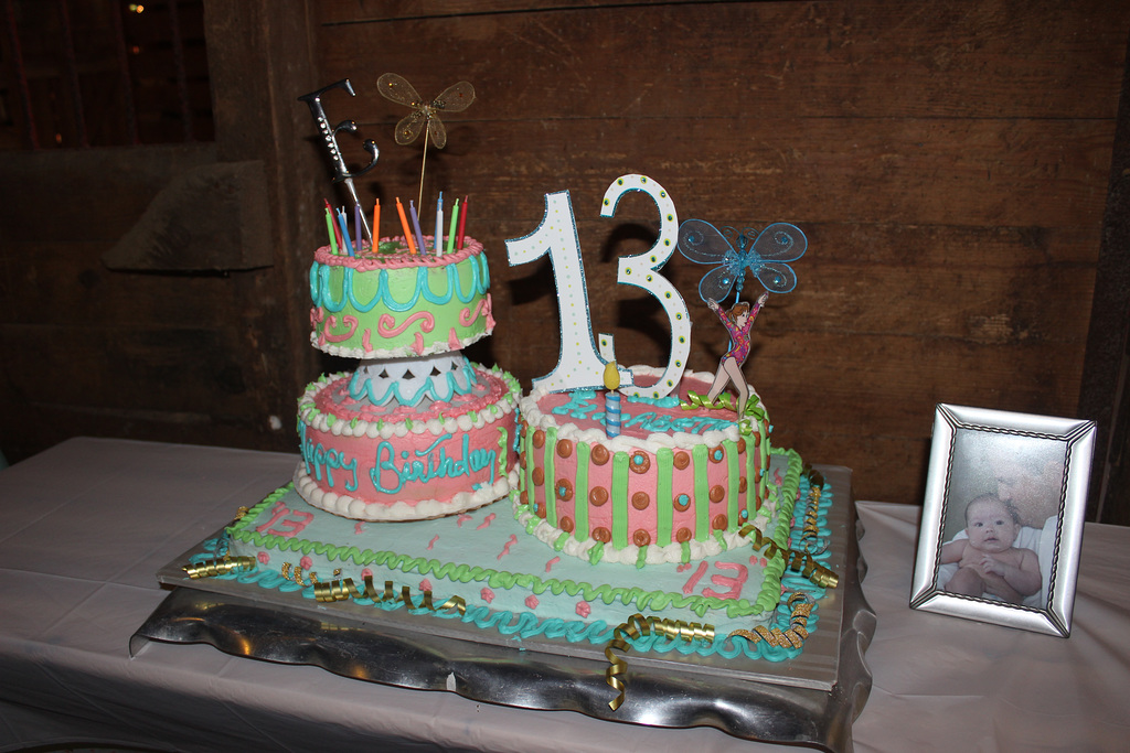 The Finished 13th Cake, set up here at the venue for the Birthday Party !  (Elizabeth's baby photo (w/Dad)