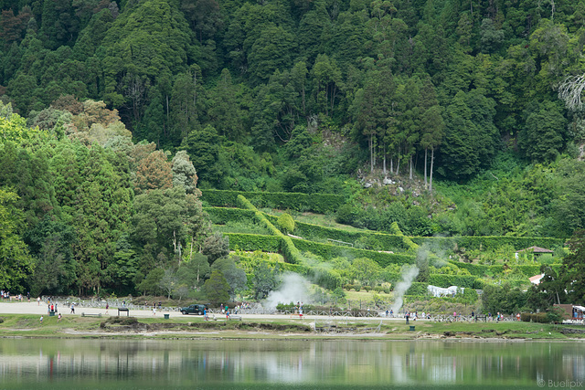 Blick über den Lagoa do Furnas zu den Caldeiras - da, wo sich die Touristen tummeln  (© Buelipix)