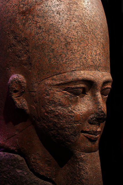 Tête de colosse de Ramsès II - Granit rouge - Expo à la Grande Halle de la Villette .