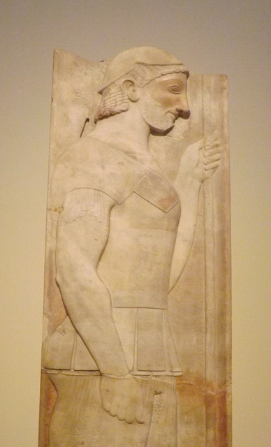 Detail of the Grave Stele of Aristion by Aristokles in the National Archaeological Museum in Athens, May 2014