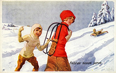 Novjara bildkarto kun sledantinoj -  ĉ. 1910