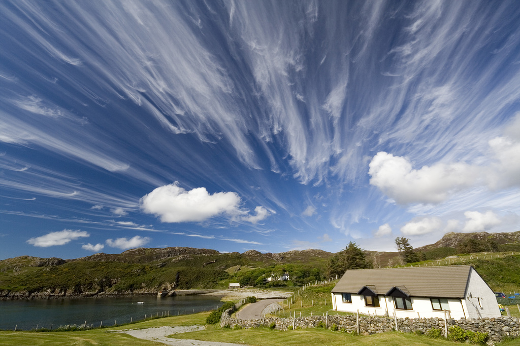 Spectacular cirrus clouds over Scourie Bay, Sutherland, Scotland