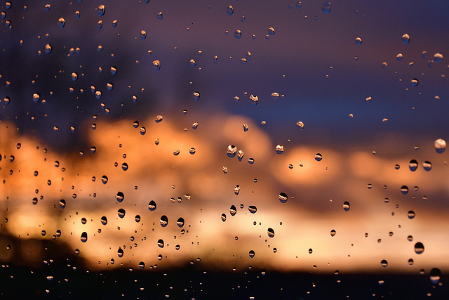 Raindrops on a window at sunset