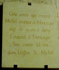 Plaque gravée située dans l'église de St Michel de Montaigne