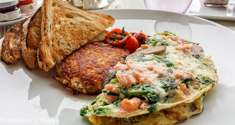 Santa Barbara, Belmond El Encanto, Salmon Mushroom Spinach Omelet with Heirloom Tomatoes