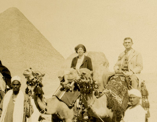 Tourists on Camels Near the Sphinx and Great Pyramid, Giza Necropolis, Cairo, Egypt (Cropped)