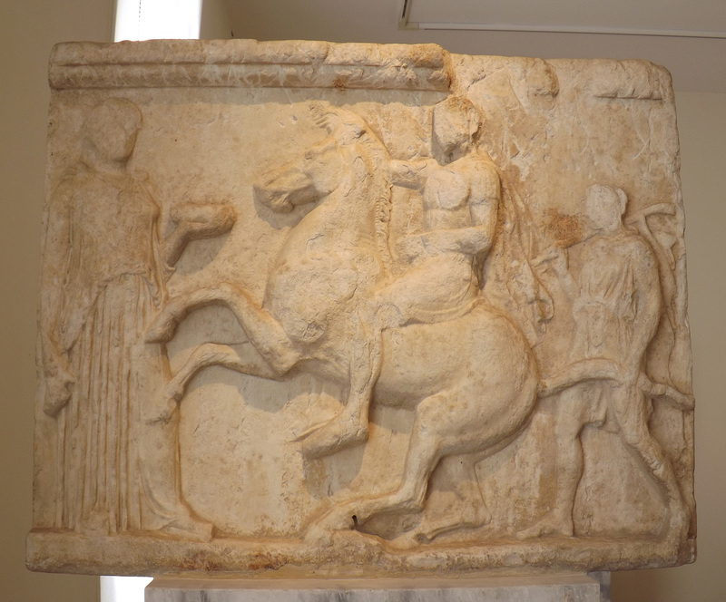 Votive Relief found in Tanagra with a Cuirassed Hero in the National Archaeological Museum in Athens, May 2014