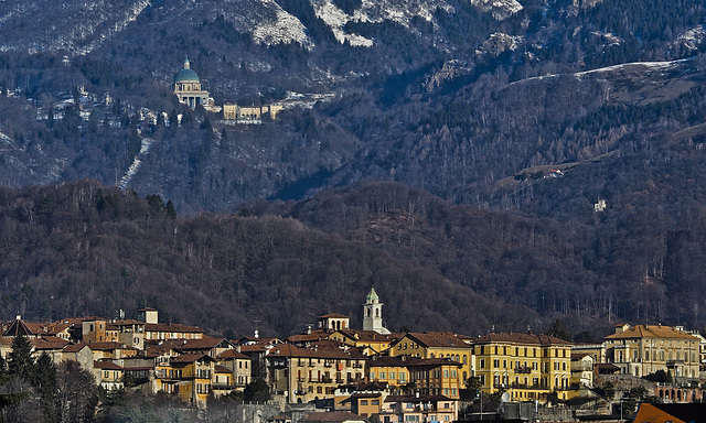 One above the other: The Sanctuary of Oropa and the Medieval Village of the Piazzo of Biella - View from the window of my house