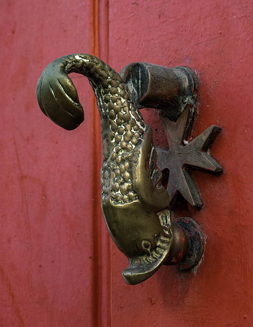 Side view of the interestingly fishy door knocker