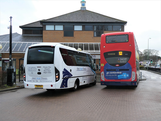 First Stop Travel PO11 PKA and Stagecoach East (Cambus) 19573 (AE10 BWF) in Newmarket - 15 Mar 2021 (P1080056)