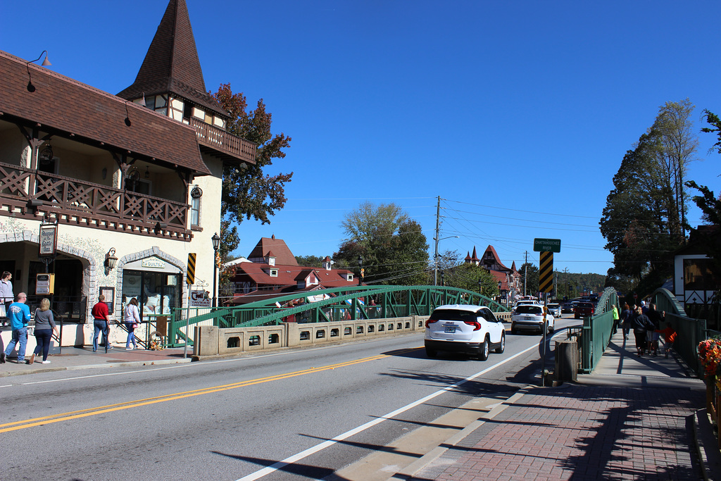 the Alpine Village, Helen, Georgia..  (footbridge across the Chattahoochee River that flows through the village)