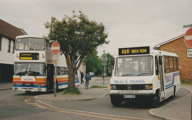 United Counties 711 (K711 ASC) and Neal’s Travel M373 VER in Mildenhall – 27 May 1995 (265-12)