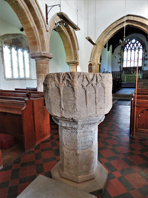 middleton stoney church, oxon c14 font bowl with c17 inscription on stem