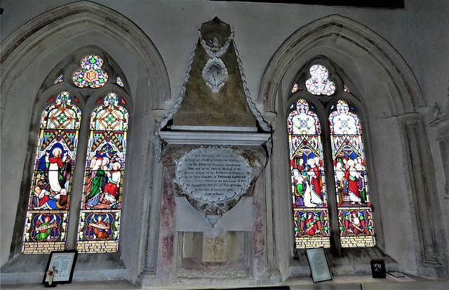 urchfont church, wilts c13 south transept with c18 tomb james long 1768, c19 glass by wailes c.1858
