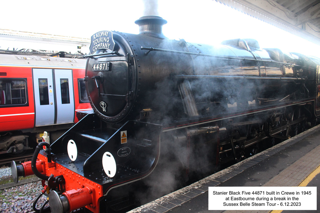 44871 on Sussex Belle tour at Eastbourne 6 12 2023 left front view