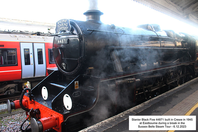 44871 on Sussex Belle tour at Eastbourne 6 12 2023 left front view