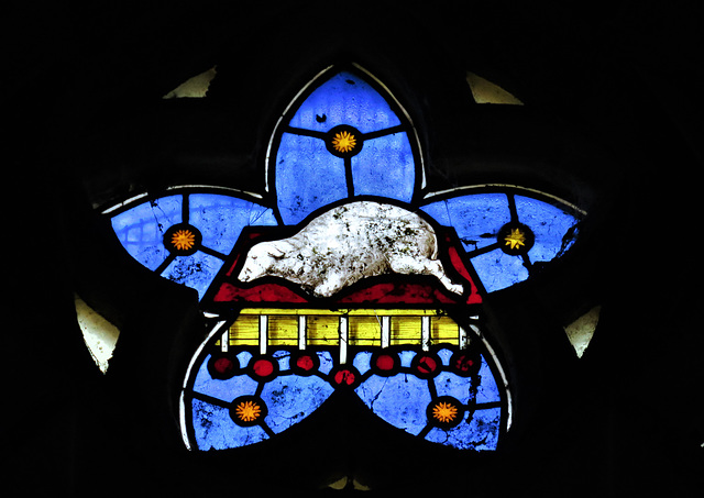 middleton stoney church, oxon  sacrificial agnus dei on a book with seven seals, mid c19 glass in the east window