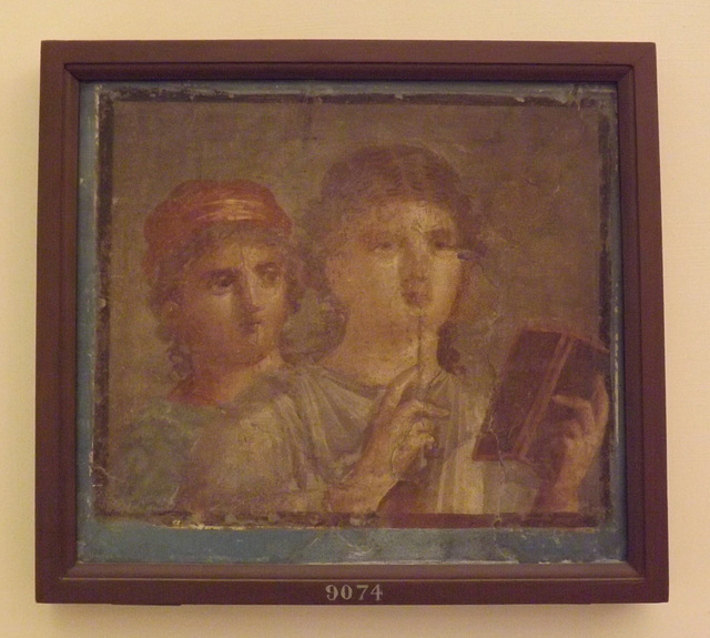 Wall Painting with Two Women, One with a Diptych and a Stylus from Herculaneum in the Naples Archaeological Museum, June 2013