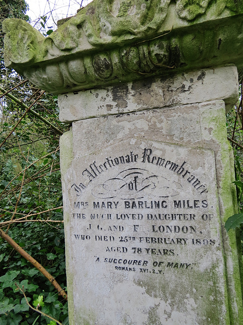abney park cemetery, london,mary barling miles, 1898 " a succourer of many"