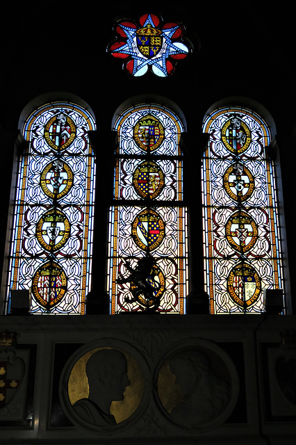 middleton stoney church, oxon  C19 heraldry in glass of jersey mausoleum