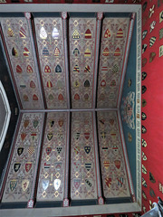 middleton stoney church, oxon heraldry on roof of c19 jersey mausoleum chapel