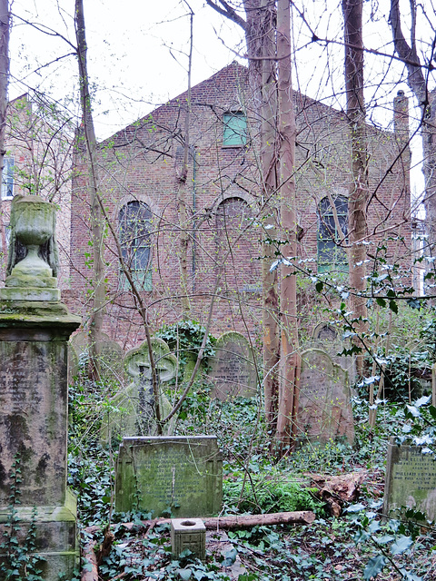 abney park cemetery, london.back of c19 building on bouverie road, lately a scout hall but once a chapel