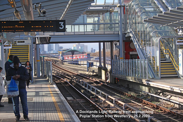 A DLR train approaching Poplar 25 2 2023