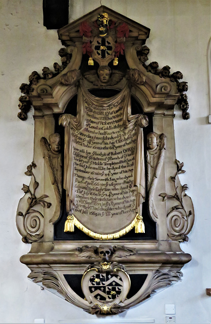 late c17 tomb to john offly and family: cherubs, heraldry,old st pancras church, camden, london