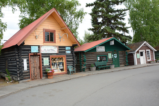 Alaska, Three Wooden Houses on Museum Street at Fairbanks Pioneer Park