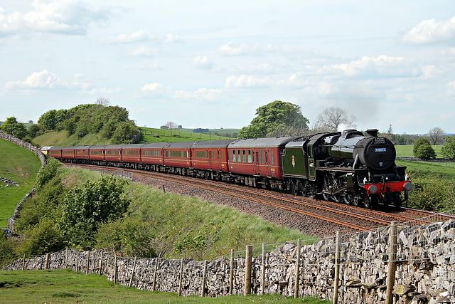 Stanier LMS class 5 44871 at Waitby Common with 1Z87 14.14. Carlisle - London Euston The Cumbrian Mountain Express 11th May 2024. (steam as far as Preston)