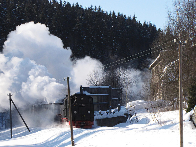 99 786 Tender voraus mit einem Personenzug Richtung Hammerunterwiesenthal