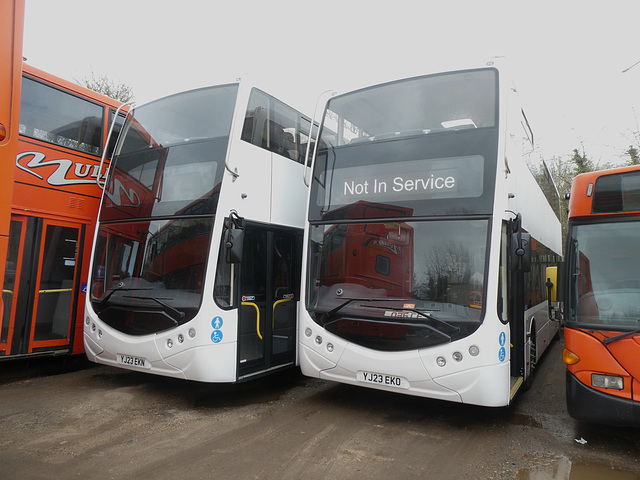 Mulleys Motorways YJ23 EKN and YJ23 EKO at Ixworth - 25 Mar 2023 (P1140717)