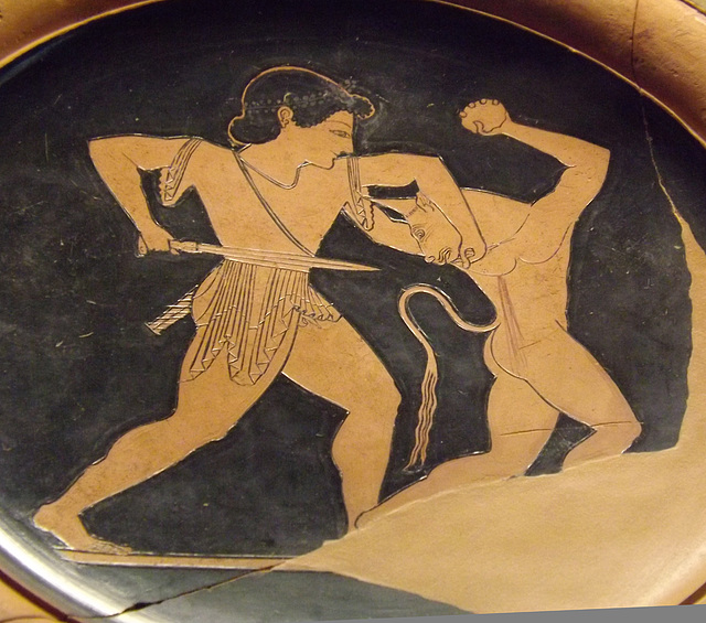 Detail of a Red-Figure Plate by Paseas with Theseus and the Minotaur in the Louvre, June 2013