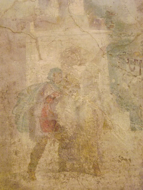 Detail of a Wall Painting with Odysseus with the Palladium and Cassandra Seeking Refuge from Pompeii in the Naples Archaeological Museum, July 2012