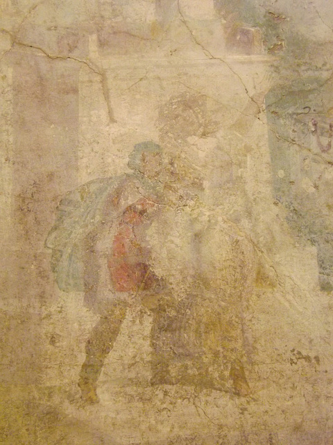 Detail of a Wall Painting with Odysseus with the Palladium and Cassandra Seeking Refuge from Pompeii in the Naples Archaeological Museum, July 2012