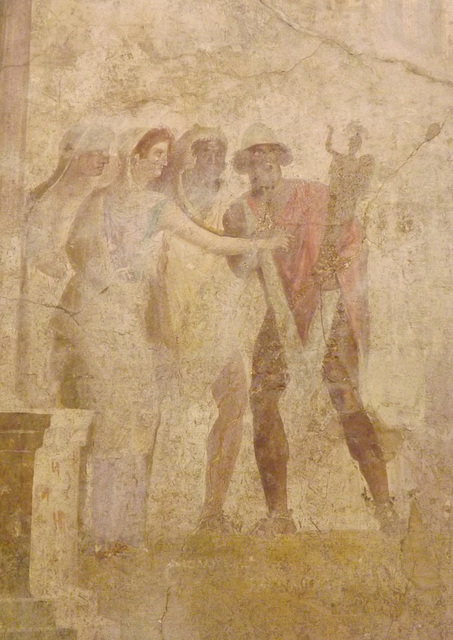 Detail of a Wall Painting with Odysseus with the Palladium and Cassandra Seeking Refuge from Pompeii in the Naples Archaeological Museum, July 2012