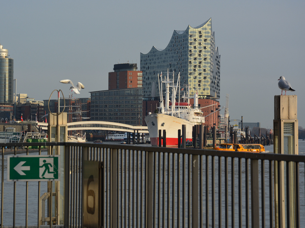 An den Landungsbrücken: Zaun mit Notausgang -Fence with emergency exit