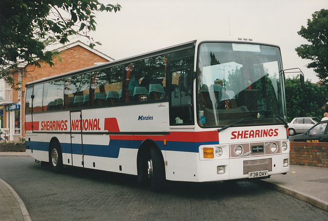 Kenzie's (in Shearings National livery) F38 DAV in Mildenhall - 13 Jul 1991