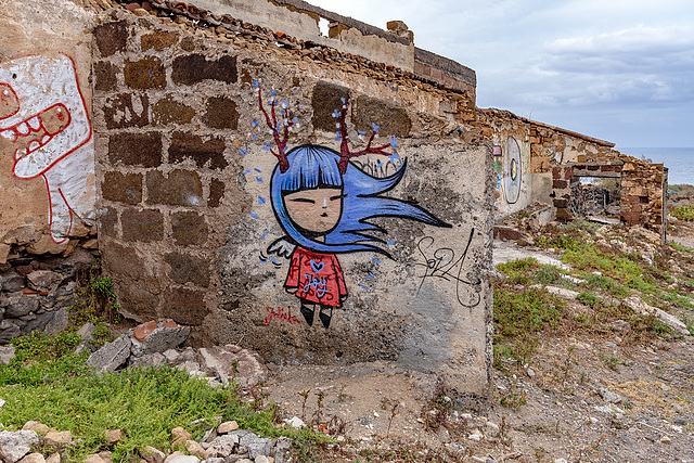 blue haired girl on old walls - Joy